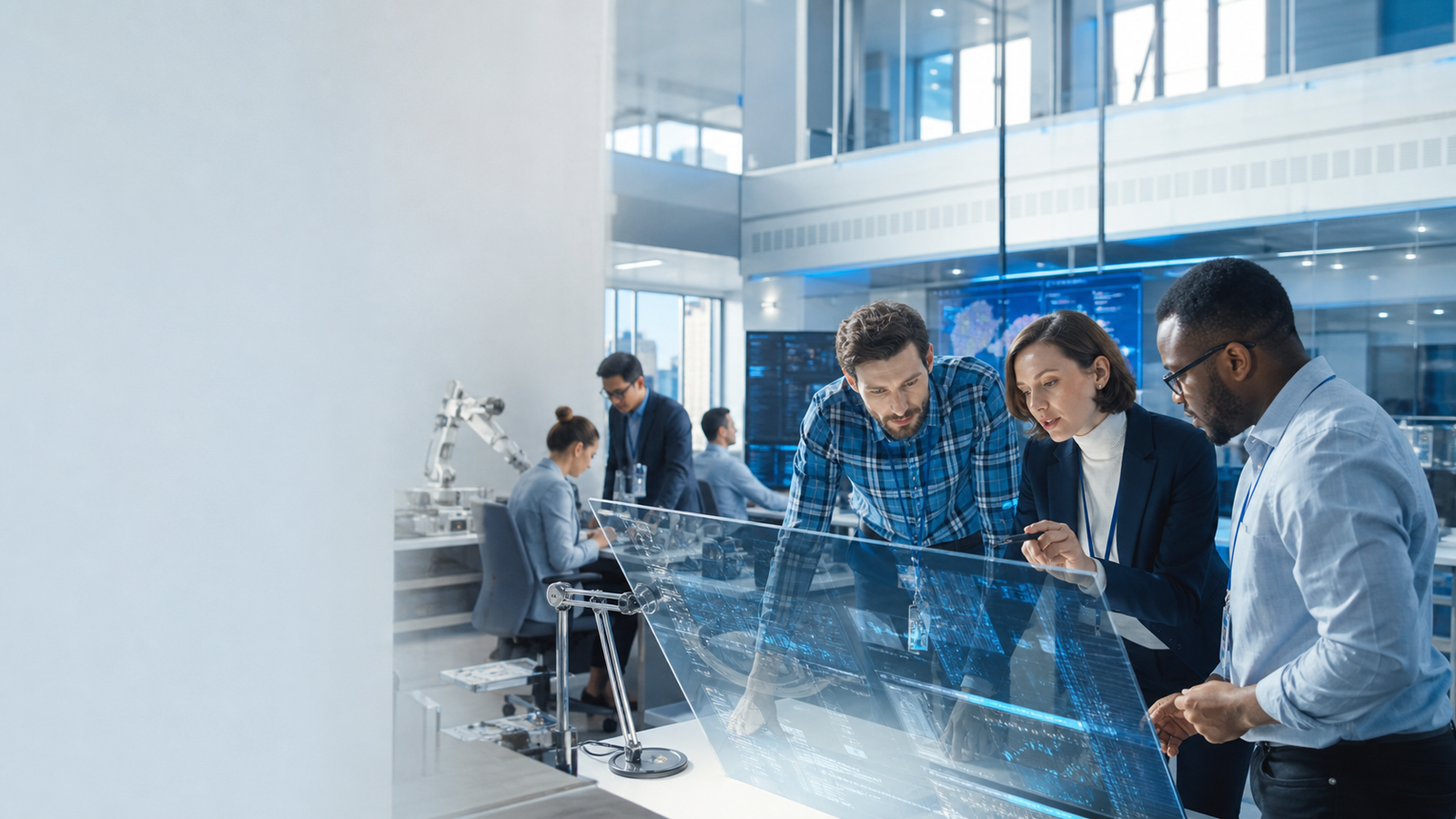 A diverse global technology team collaborating in an innovation studio