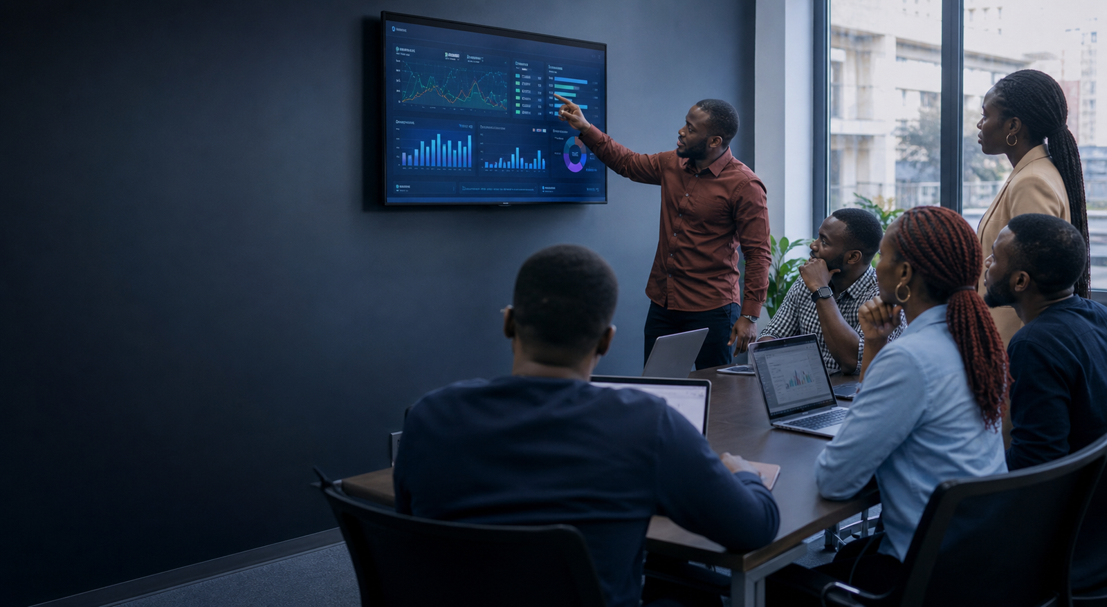 Black African product team reviewing business software
