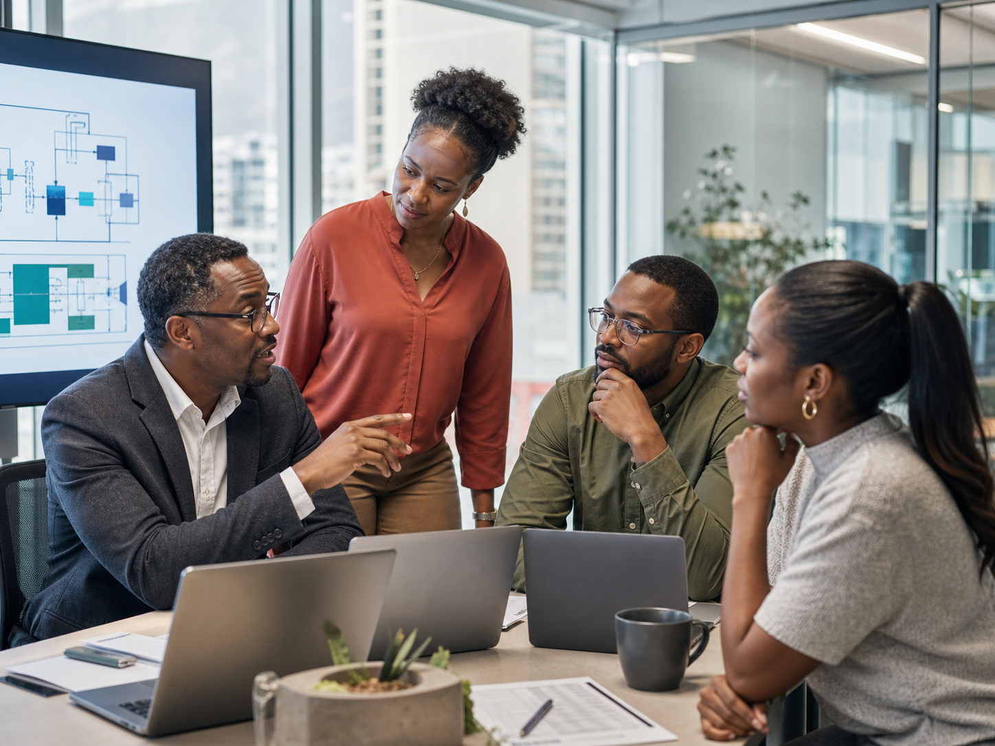 A realistic TechBots engineering team discussing an enterprise systems architecture