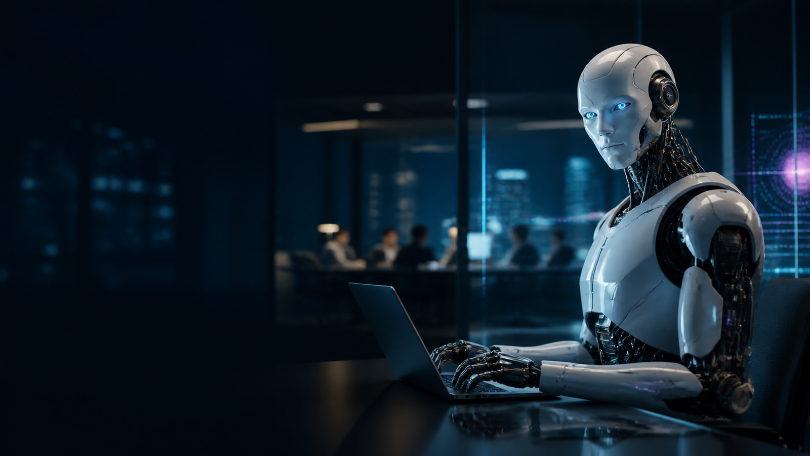 Sophisticated AI robot working in a modern corporate office